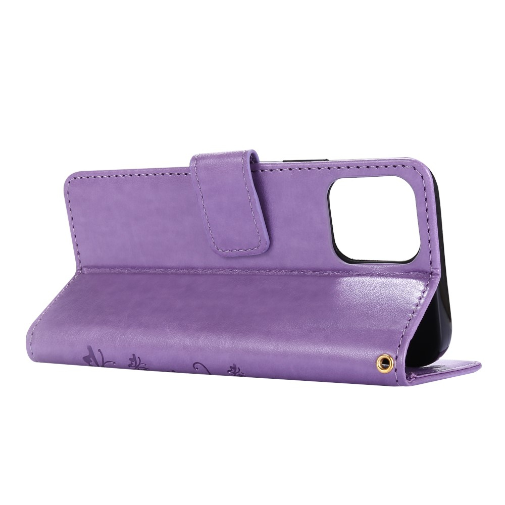 iPhone 12 / iPhone 12 Pro Leder Tasche mit Kartenfach   Handschlaufe Butterfly Flowers - Lila