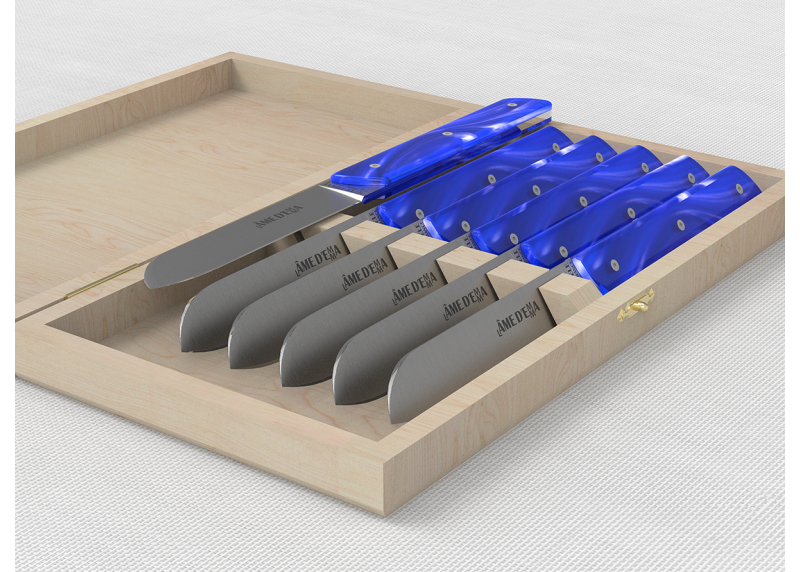 Service de 6 couteaux de table avec un manche en Madreperlato Bleu et lame en acier inoxidable