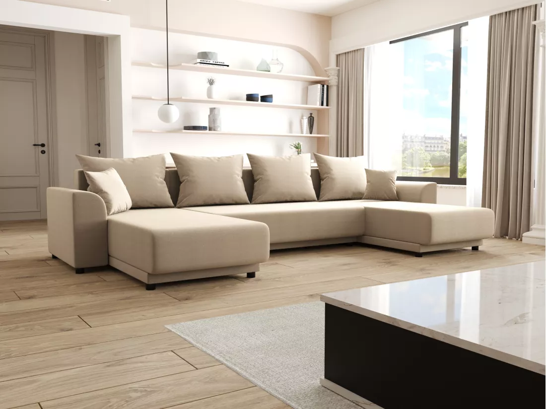 Canapé d'angle panoramique convertible en tissu beige NESSARO