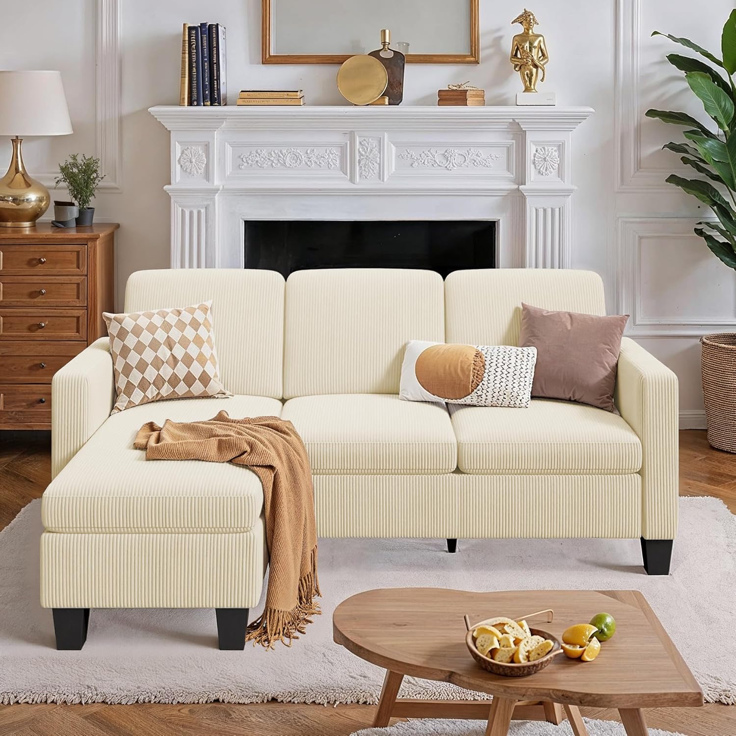 Xbro Ecksofa L-Form 3-Sitzer mit beweglichem Fußhocker, kleines Ecksofa aus weichem Cordstoff, 188 × 136,5 × 89 cm, Beige