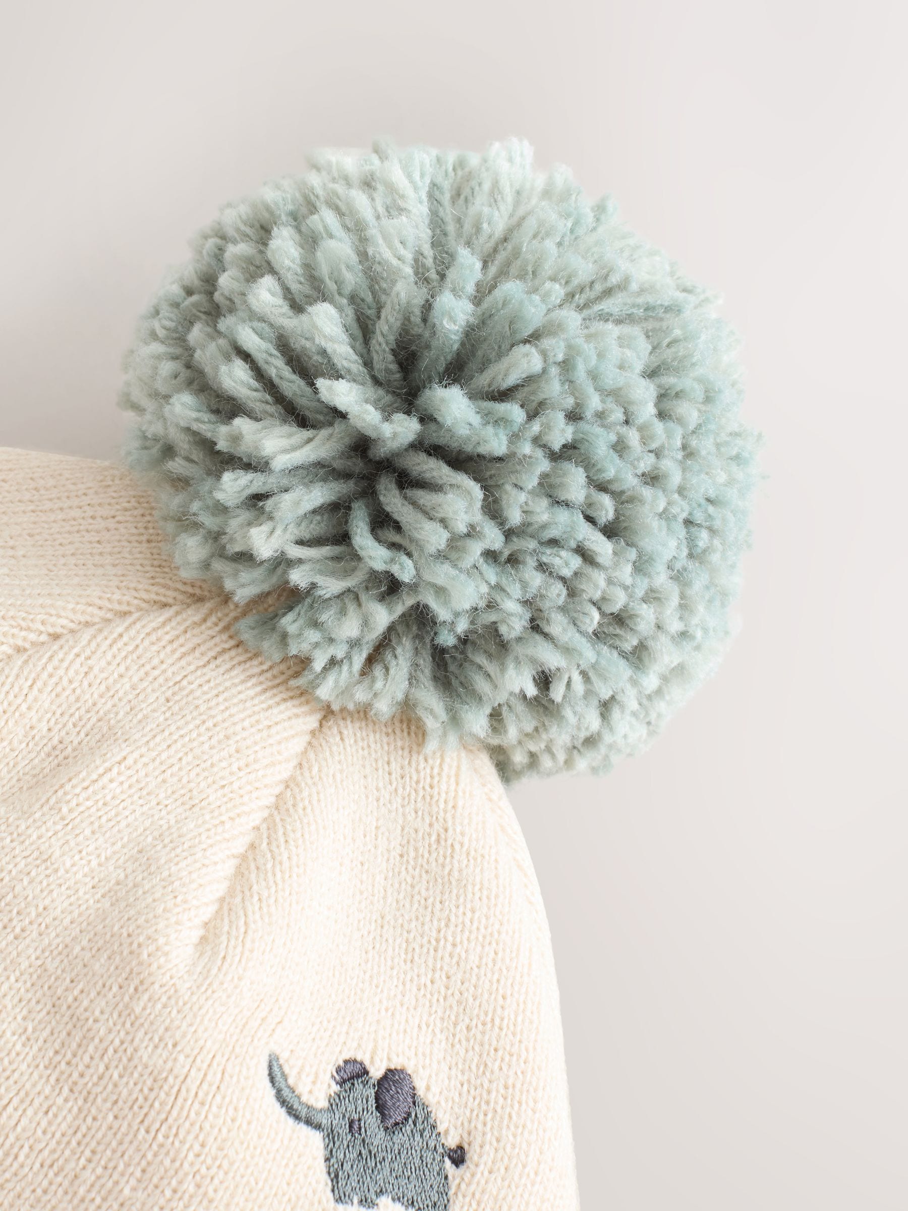 Naturel geborduurd met safariprint - Beanie-muts met pompon (3mnd-10jr)