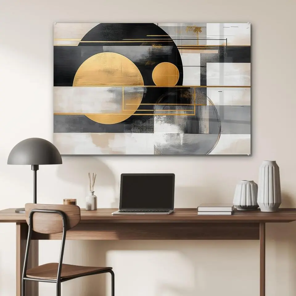 MuchoWow Glasschilderij 90x60cm Abstract Goud Zilver Vormen