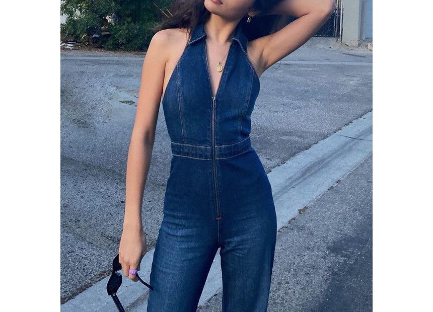 MOONGATE - Denim jumpsuit met halternek