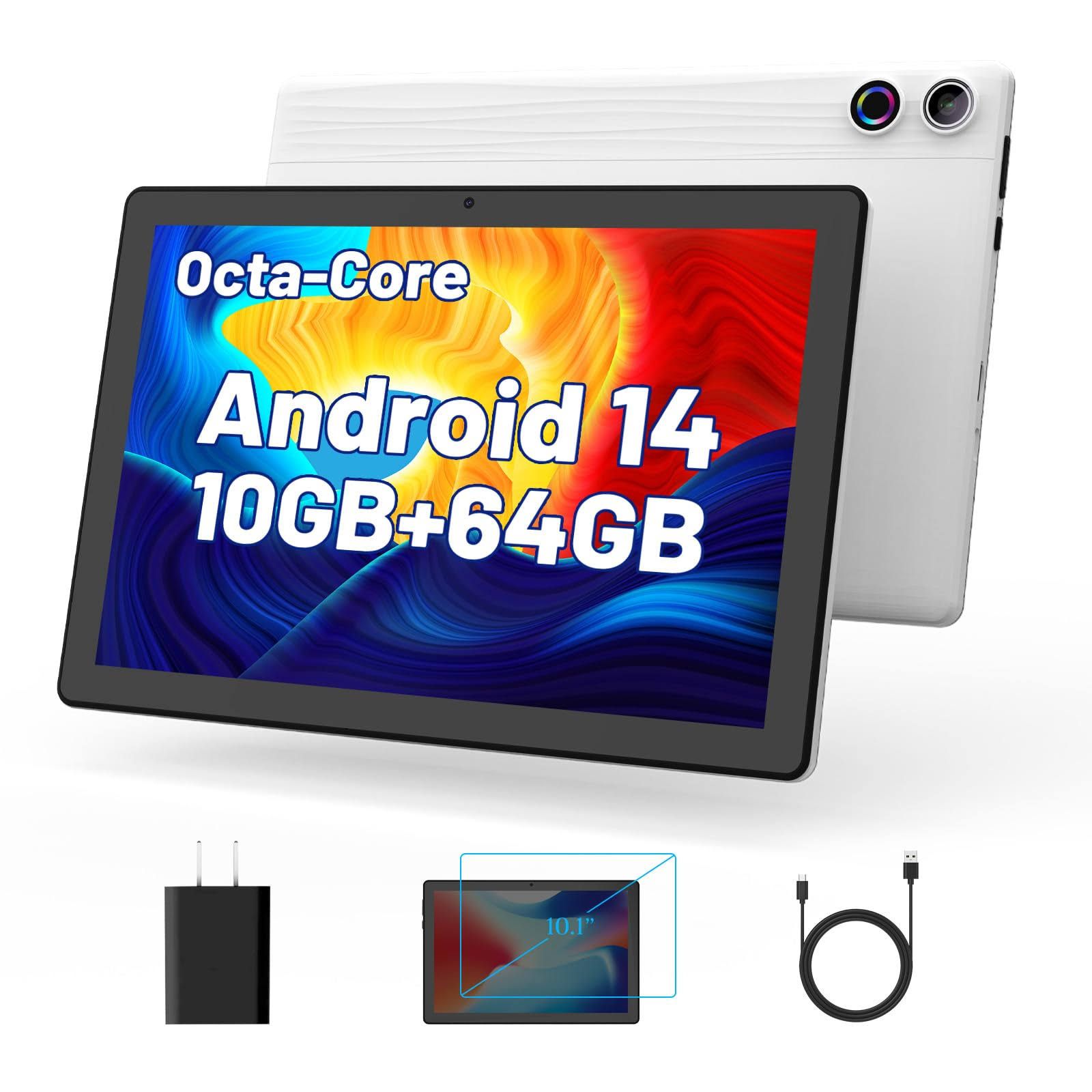 Android 14 Tablet, 10,1 Pouces tablettes avec écran Tactile 1280,800 IPS HD, processeur Octa-Core, 10GB RAM et 64GB ROM (Extension jusqu'à 1TB),