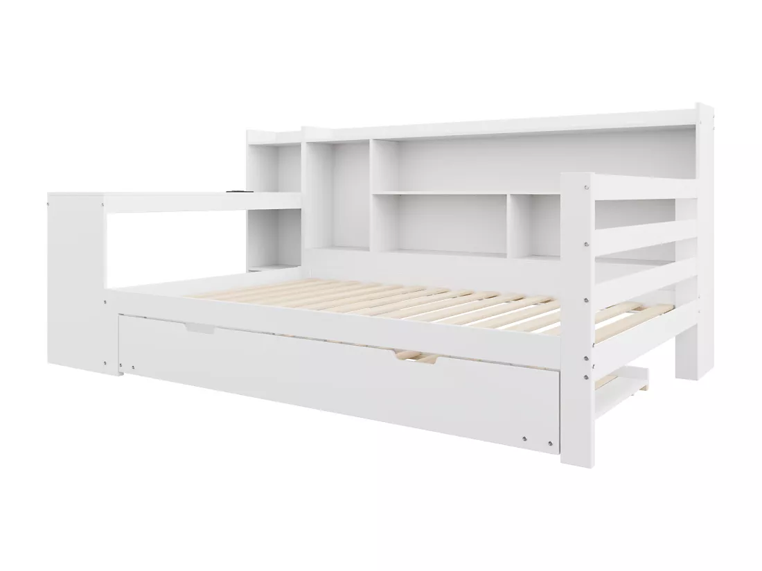 Canapé convertible en bois massif 90x200 cm - avec bureau + bibliothèque - compartiments de rangement + étagères - avec prises - avec lit gigogne - blanc