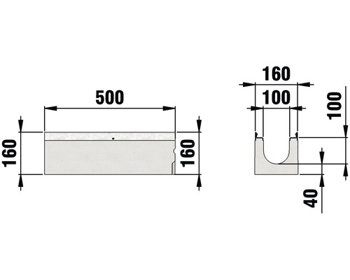 Hauraton Faserfix KS 100 afvoergoot basisprofiel type 0105 van vezelversterkt beton 500 mm x 160 mm x 160 mm