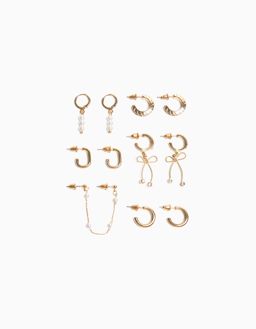 Conjunto de 6 brincos de argola com laço e pérolas artificiais