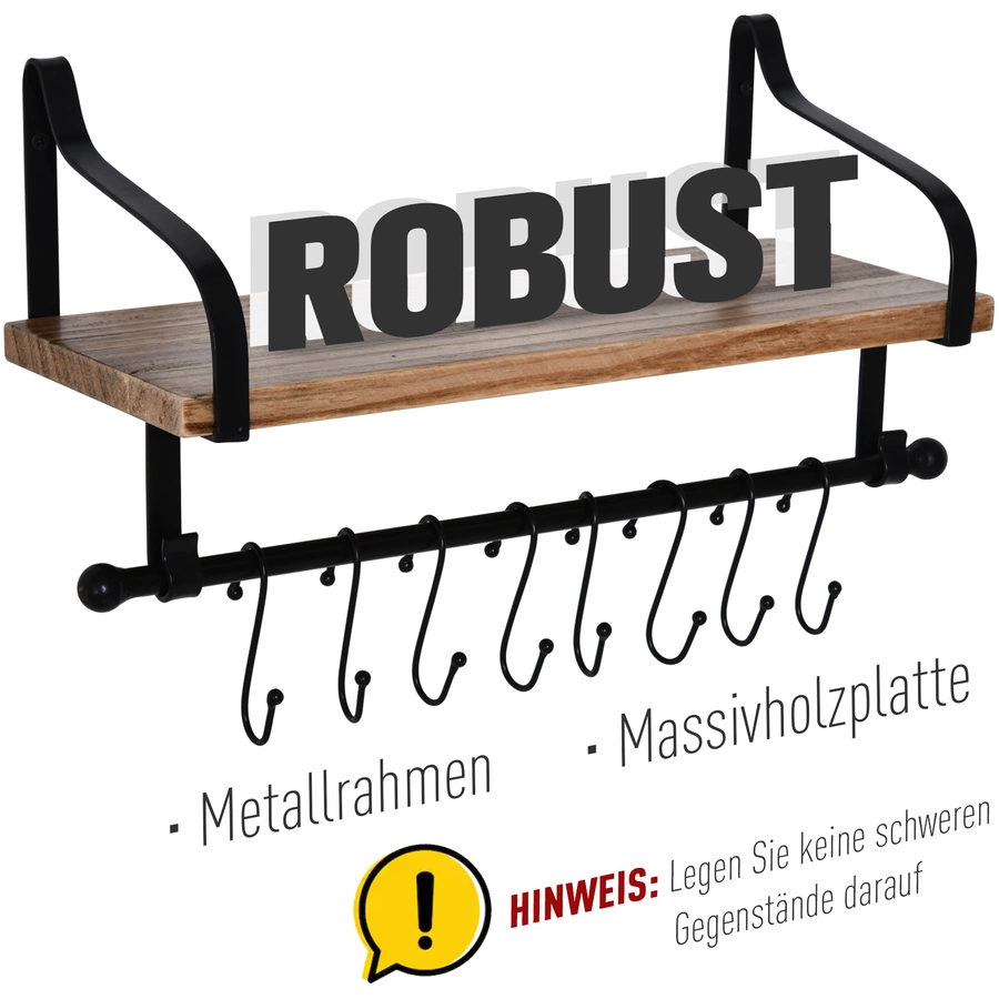HOMCOM Wandregal mit 8 Haken braun, schwarz
