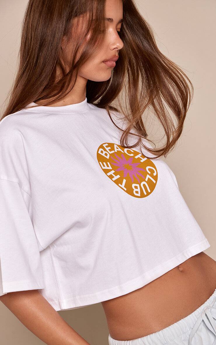 Blanc T-shirt Court Imprimé Beach Club En Coton