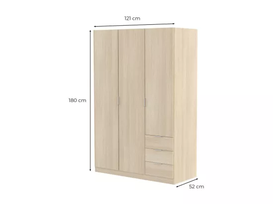Armoire NINA 3 portes et 3 tiroirs L121 x H180 cm - Blanc et bois