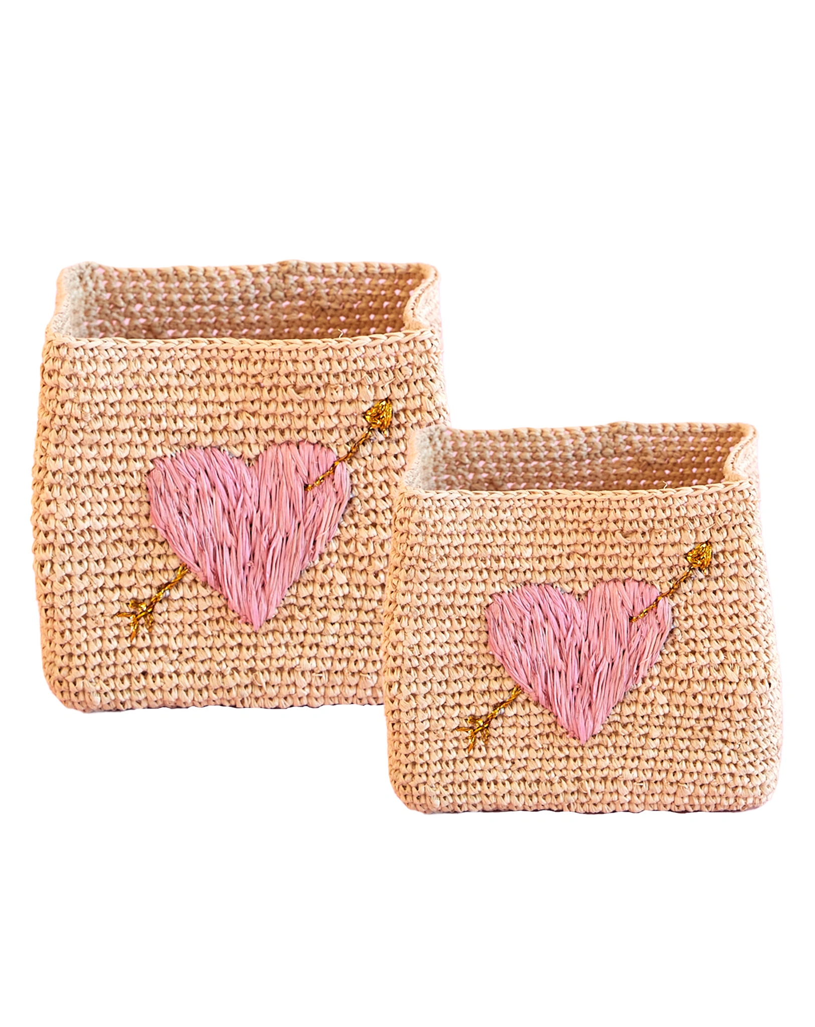 Raffia-Aufbewahrungskorb SQUARE - NATURE PINK HEART 2er-Set