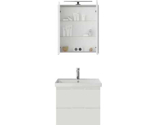 Pelipal badkamermeubelset serie 4035, BxHxD 60 x 200 x 45 mm, witte fronten. 3-delige badkamermeubelset bestaande uit een witte keramische wastafel, badmeubel en spiegelkast met ledverlichting.