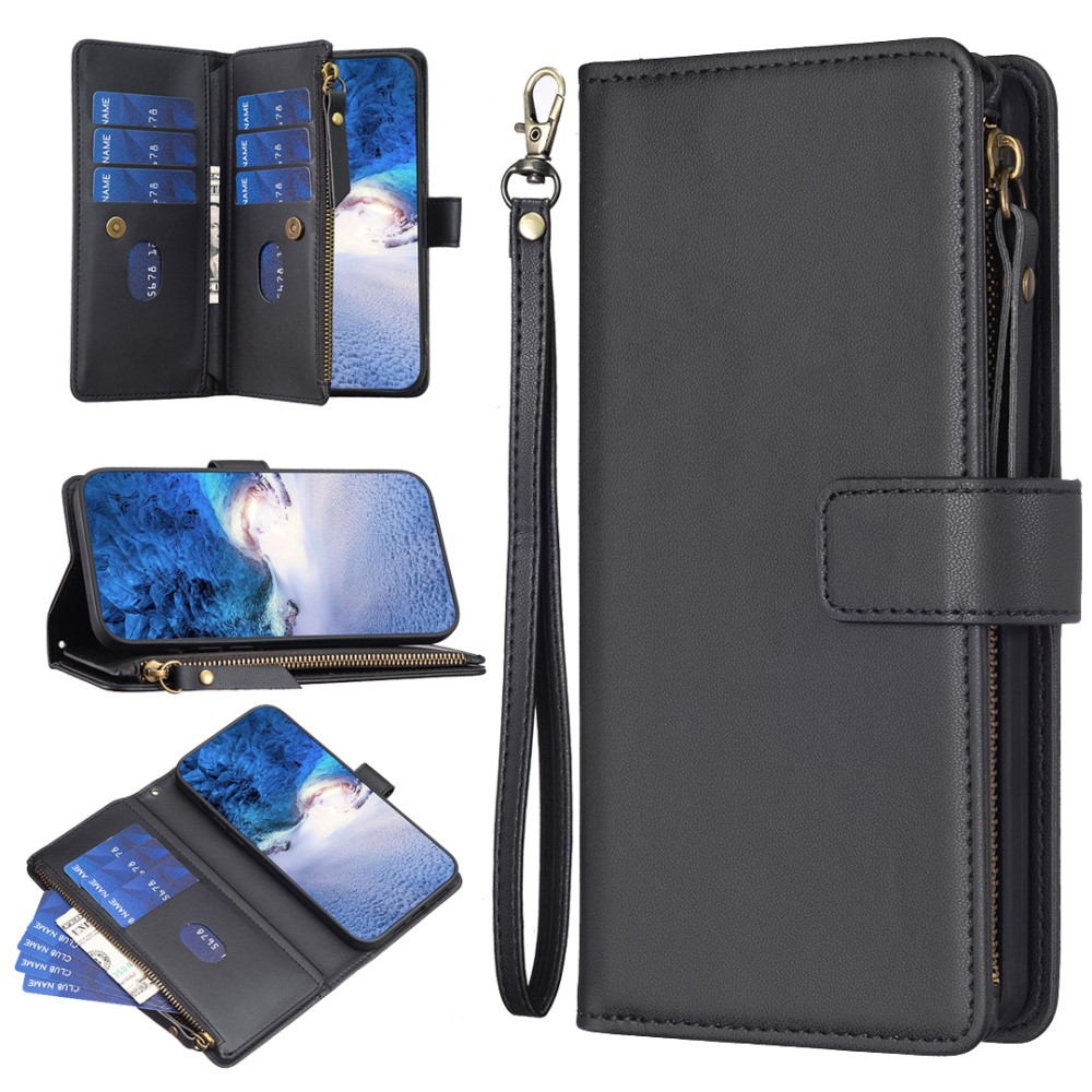 iPhone 15 Pro Max Leder Wallet Etui Tasche mit 9 Kartenfächern   Münzfach - Schwarz