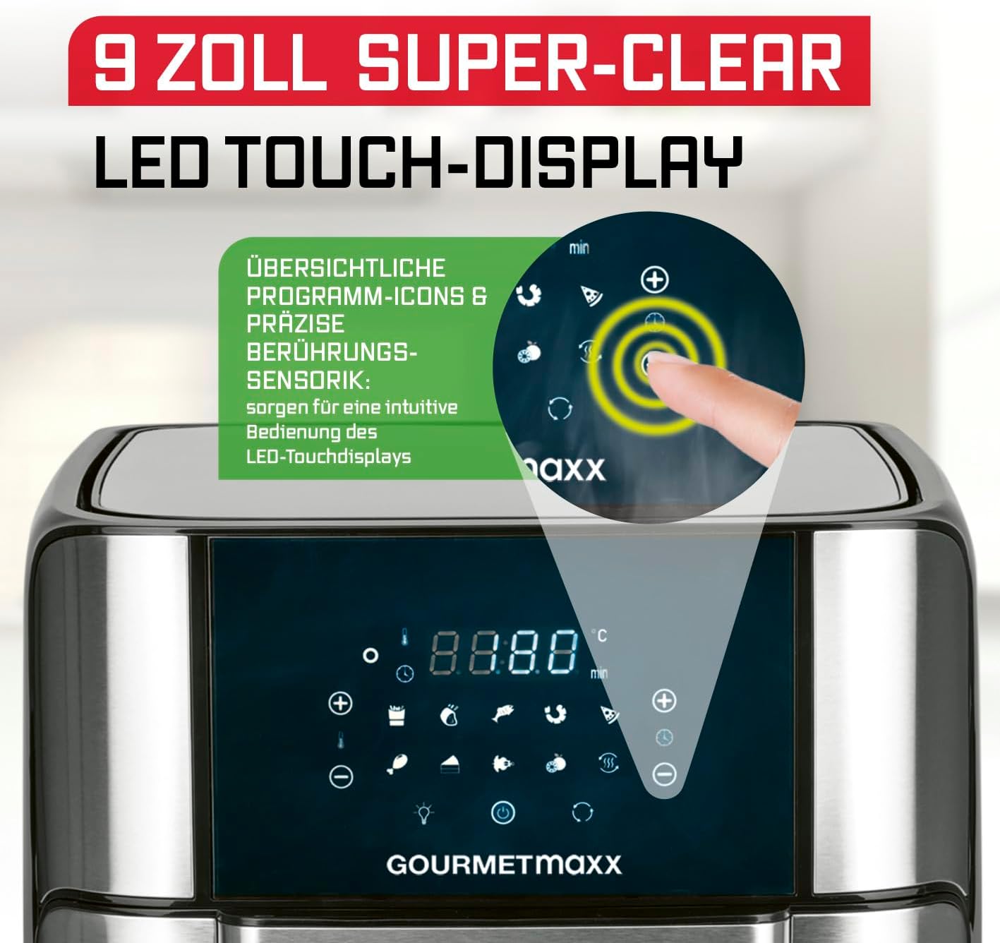 GOURMETmaxx Digitale Heißluftfritteuse 12 L, XXL-Edelstahl-Ofen | Airfryer + Timer, Touchdisplay, Drehspieß | fettarm, energiesparend frittieren | 10 Programme inkl. Pizza | 1800 W