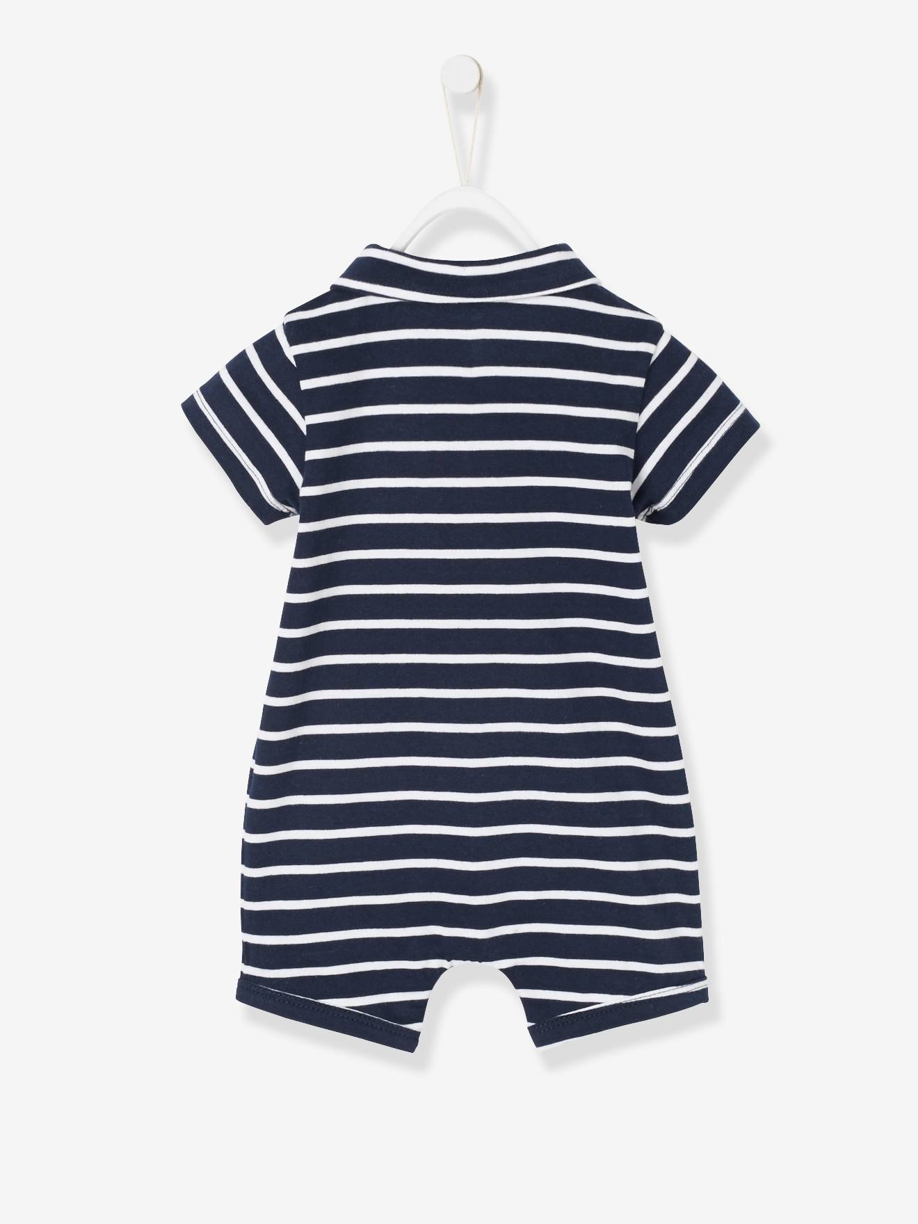 Macacão de praia listrado azul escuro com gola polo para bebê menino