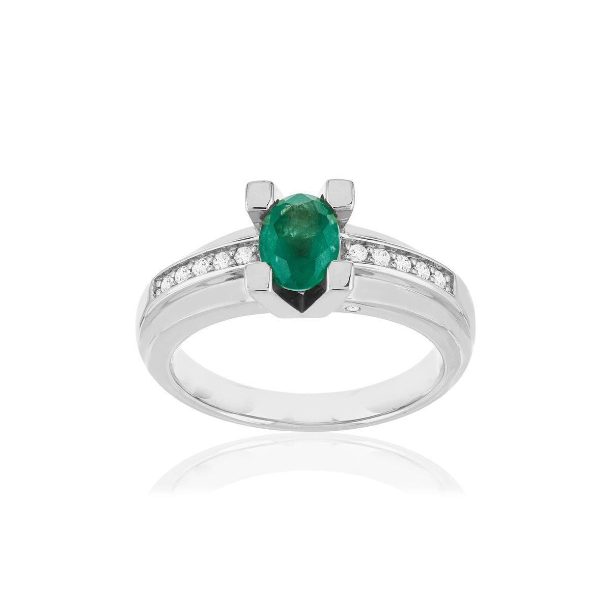 Bague VAN BRILL or blanc 750, émeraude, diamants.