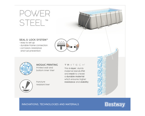 Bovengrondse frame zwembadset Bestway Power Steel™ rechthoekig 404 x 201 x 100 cm incl. zandfiltersysteem & ladder grijs
