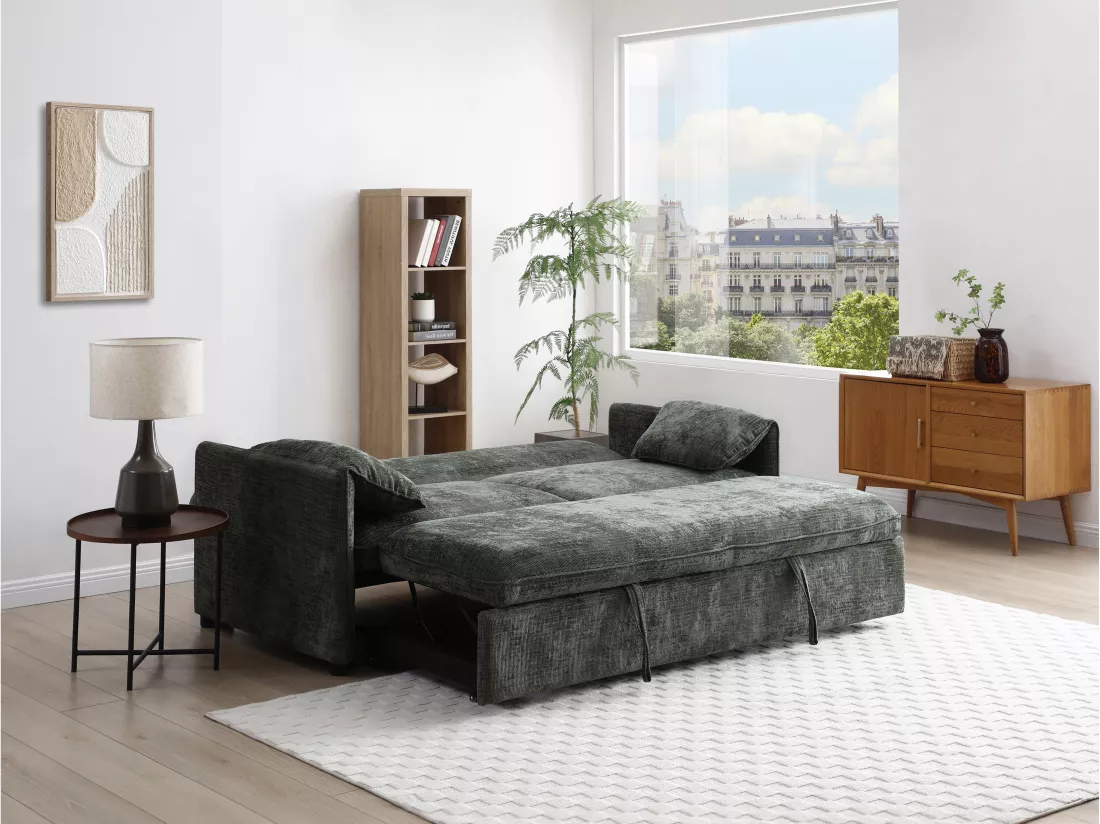 Canapé 3 places convertible en tissu texturé vert ALPARETO