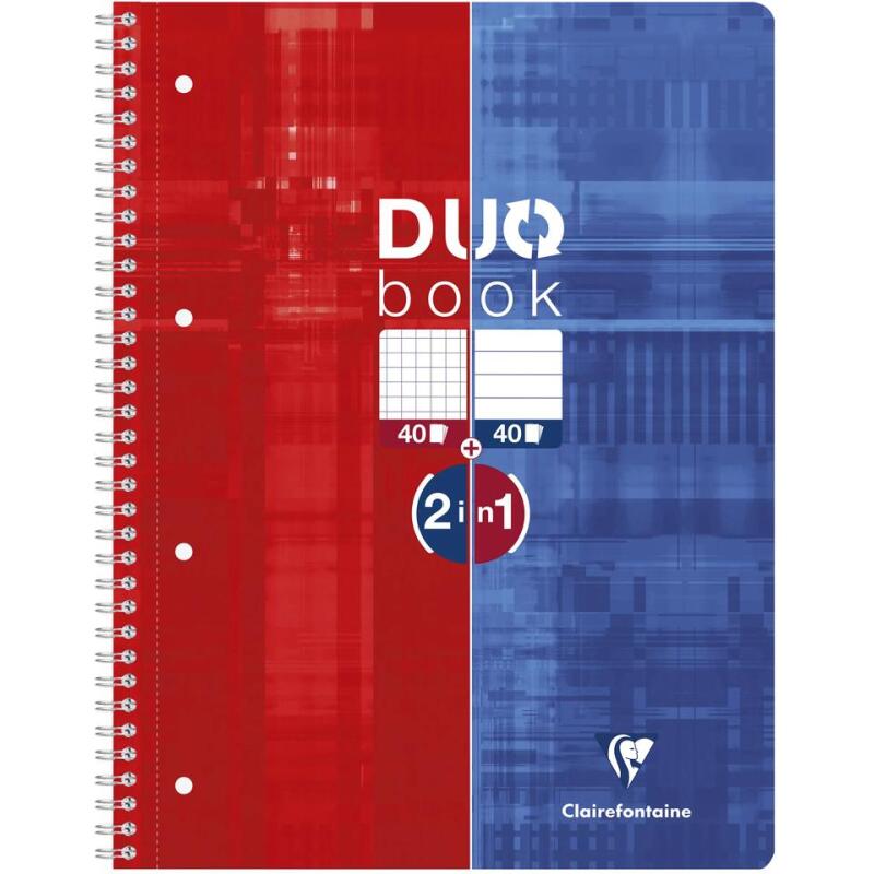 Duo Book cahier reliure intégrale A4+ 80 pages petits carreaux + 80 pages lignées détachables perforé 4 trous Rouge/Bleu - Bleu/rouge