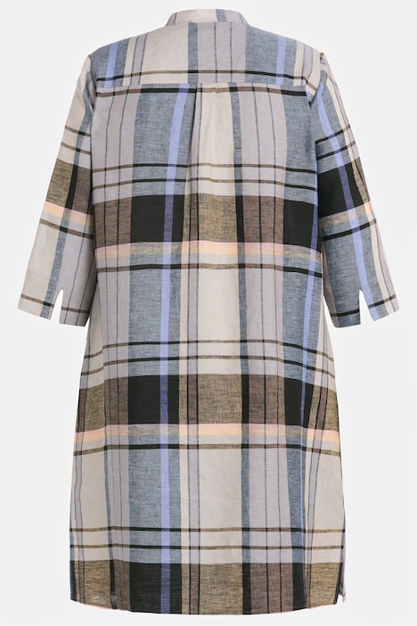 Leinenkleid, Karo, Stehkragen, 3/4-Arm