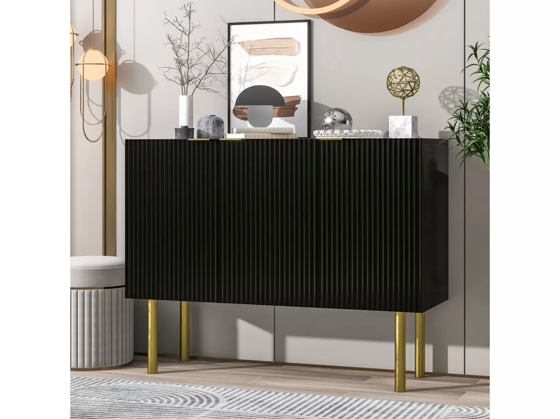 Buffet moderne avec 3 portes - 120 x 42 x 93 cm - MDF - Etagères réglables et pieds en métal - Noir