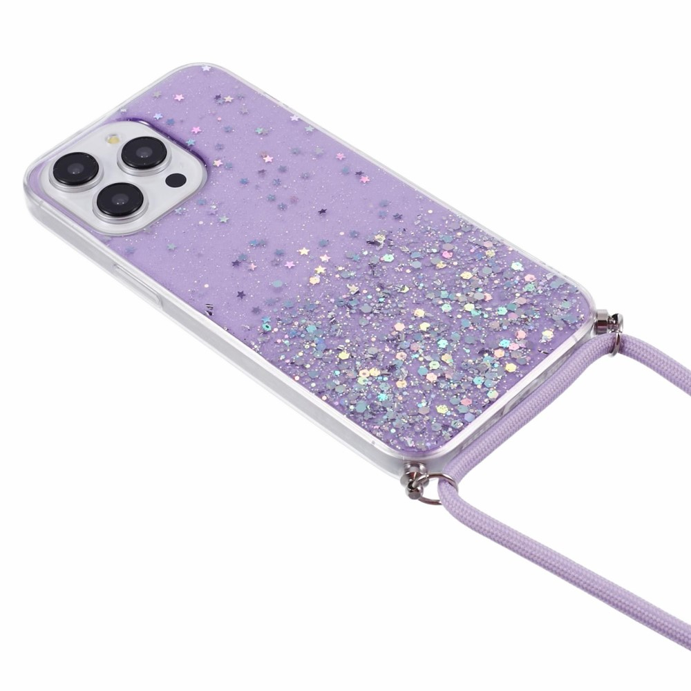 iPhone 14 Pro Necklace Gummi Hülle im Glitzer Design   Handykette (140cm) - Lila / Transparent