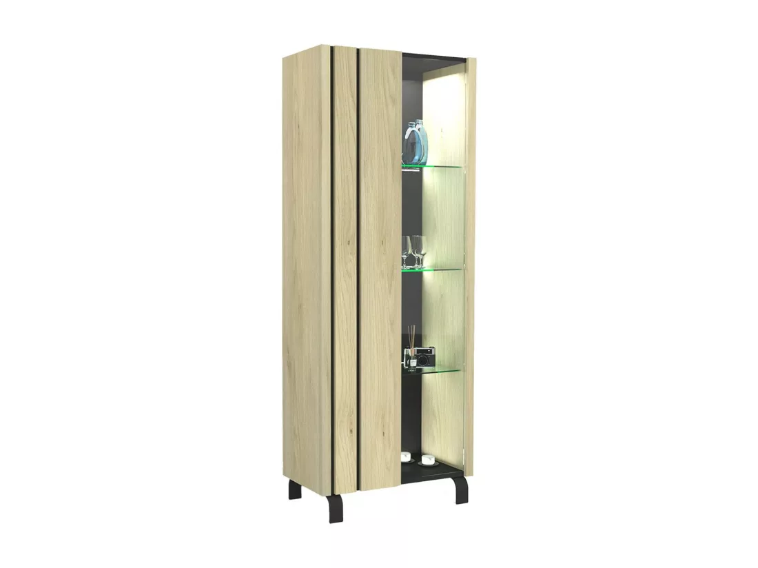 YUMA - Vitrine 1 Porte Réversible Effet Chêne et Leds