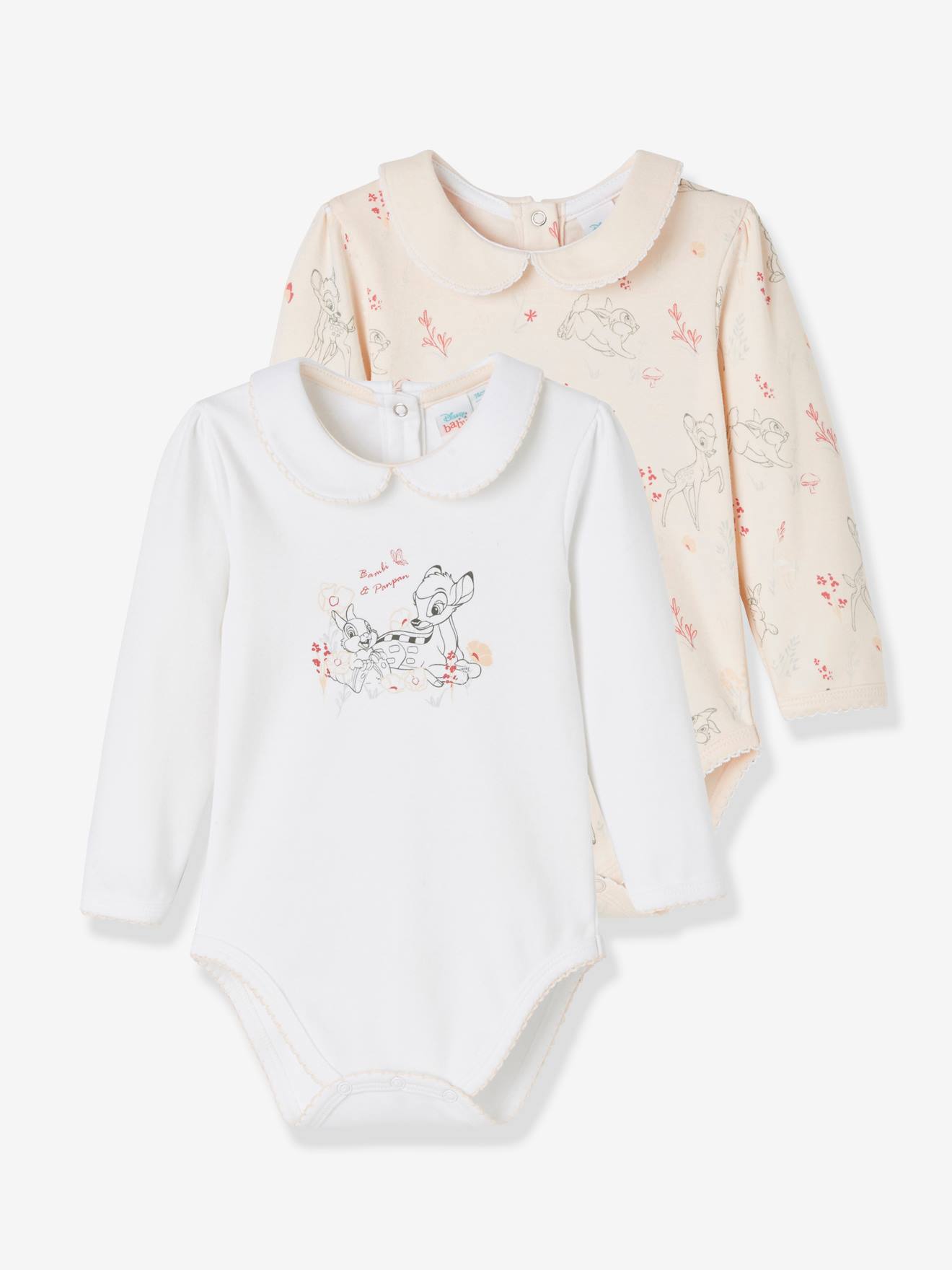 Pacote com 2 bodies DS Bambi® para bebês, manga longa, rosa claro liso.