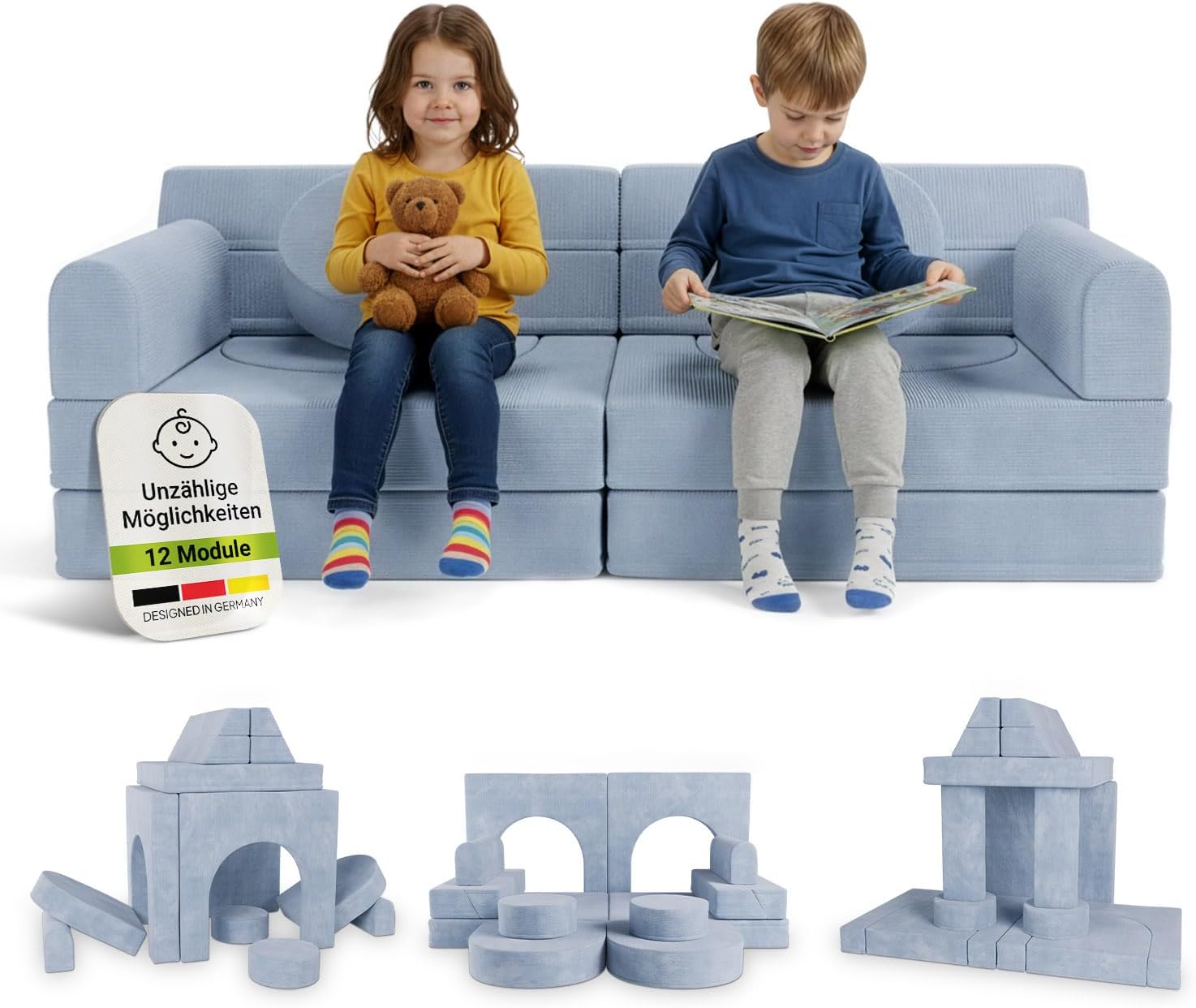 Juskys® Kindersofa Kayo - Cord, modular & weich, Sofa für Kinderzimmer & Spielzimmer, sicher, flexibel, pflegeleicht, mit abnehmbaren Bezügen – Hellblau
