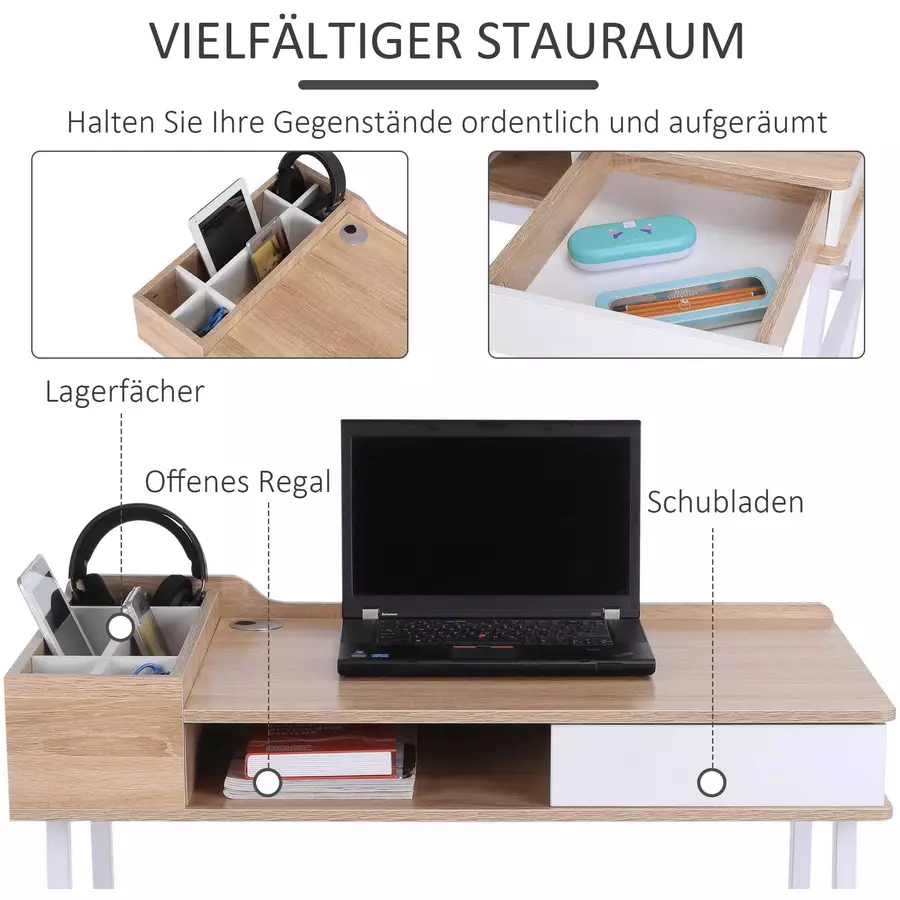 HOMCOM Schreibtisch Trendiges Industrie-Design, Metallgestell mit pulverbeschichteter Oberfläche Natur