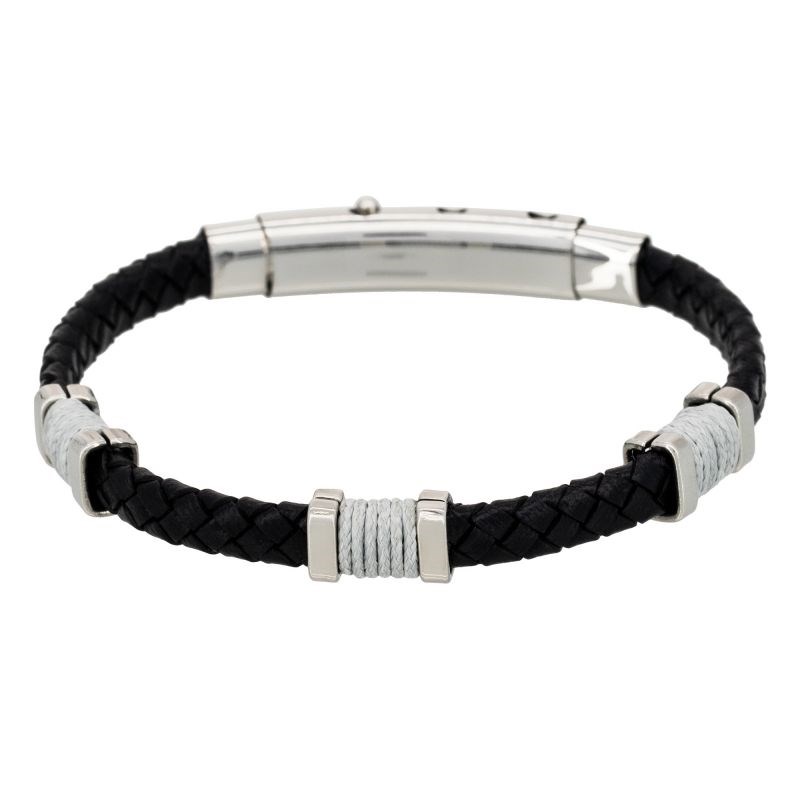 Bracelet Homme acier et cuir noir 