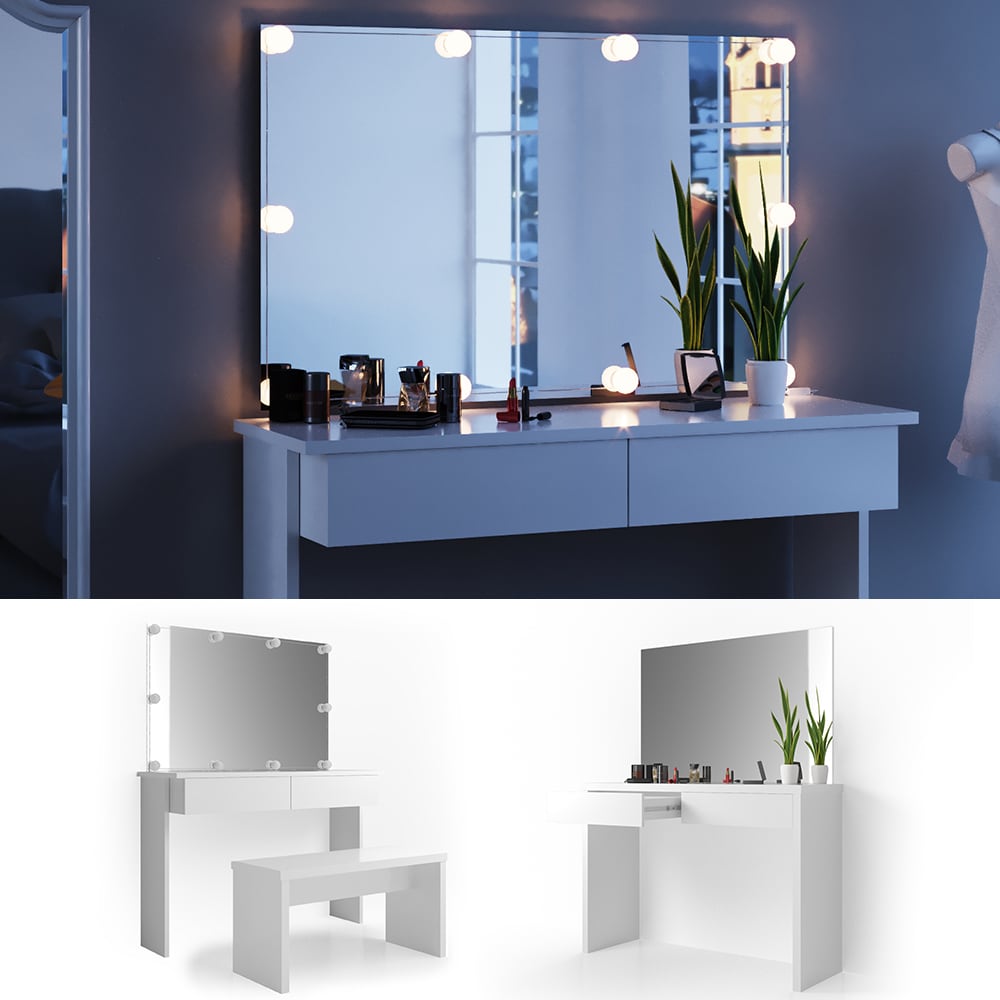 Vicco Schminktisch Azur Kosmetiktisch Frisiertisch Frisierkommode Weiß Hochglanz inklusive Sitzbank, Spiegel und LED-Lichterkette