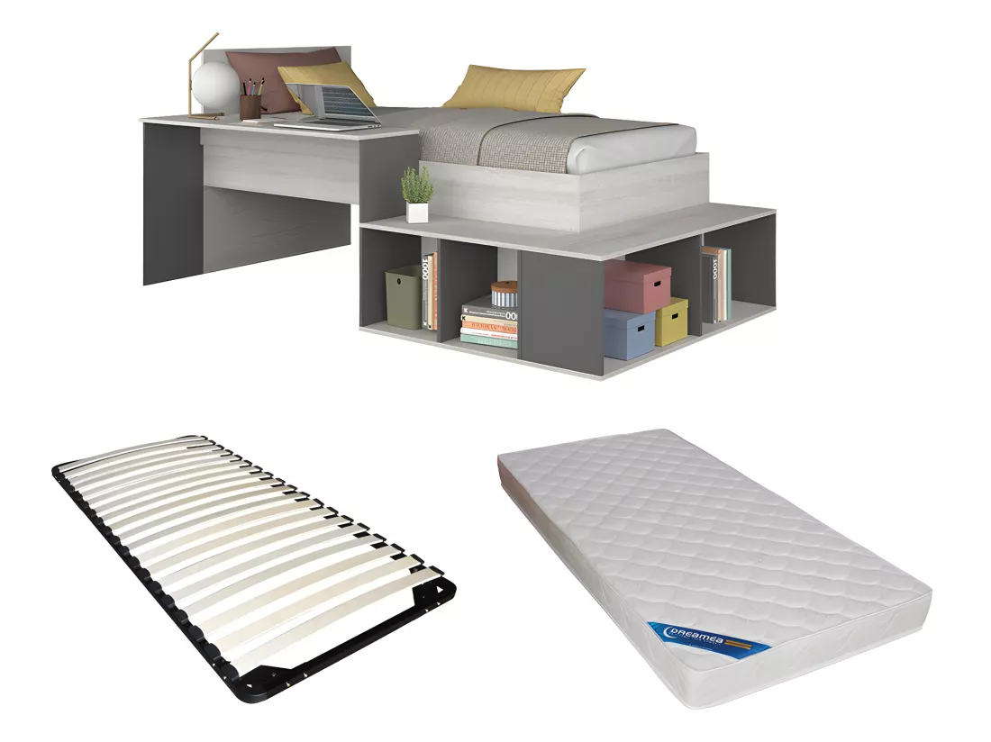 Lit combiné 90 x 200 cm avec rangements et bureau - Coloris : Naturel et anthracite + Sommier + Matelas - RIGALI