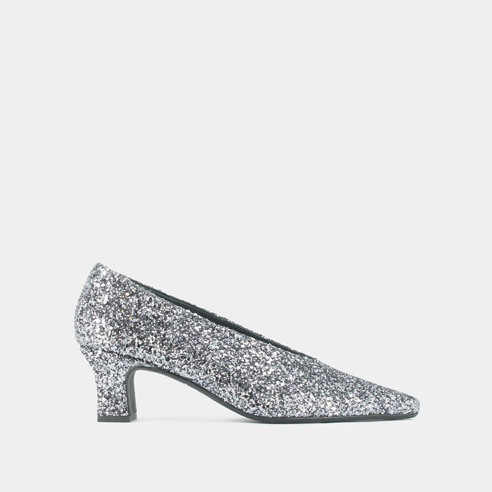 Ballerines à talons et bouts pointus  en glitter argent foncé