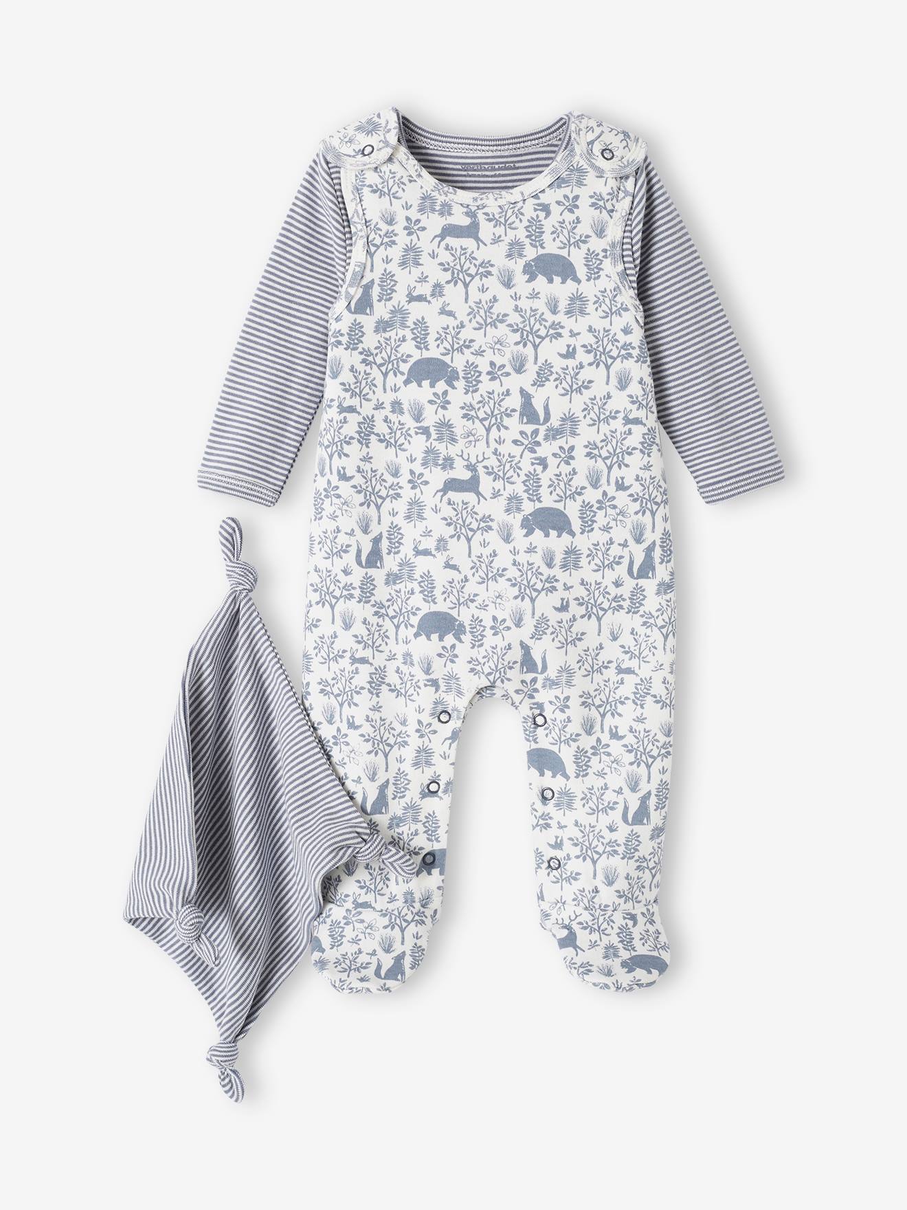Conjunto de 3 peças para recém-nascido: macacão + body + manta de algodão orgânico na cor jeans azul.