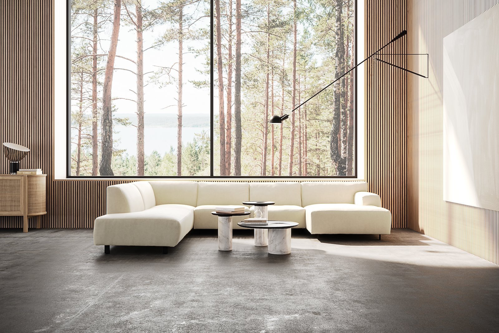 Vesta U-sofa Sjeselong høyre, 3-seter og åpen ende venstre. Big hjørnemodul, Tekstil Velvety Ivory, sort metallben 10 cm, Comfort CM