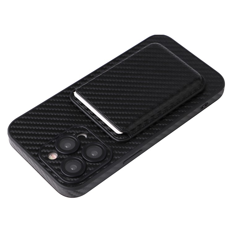 iPhone 15 Pro MagSafe 2in1 Leder Hülle Wallet Case mit Magnetischem Kreditkartenfach im Carbon Look - Schwarz