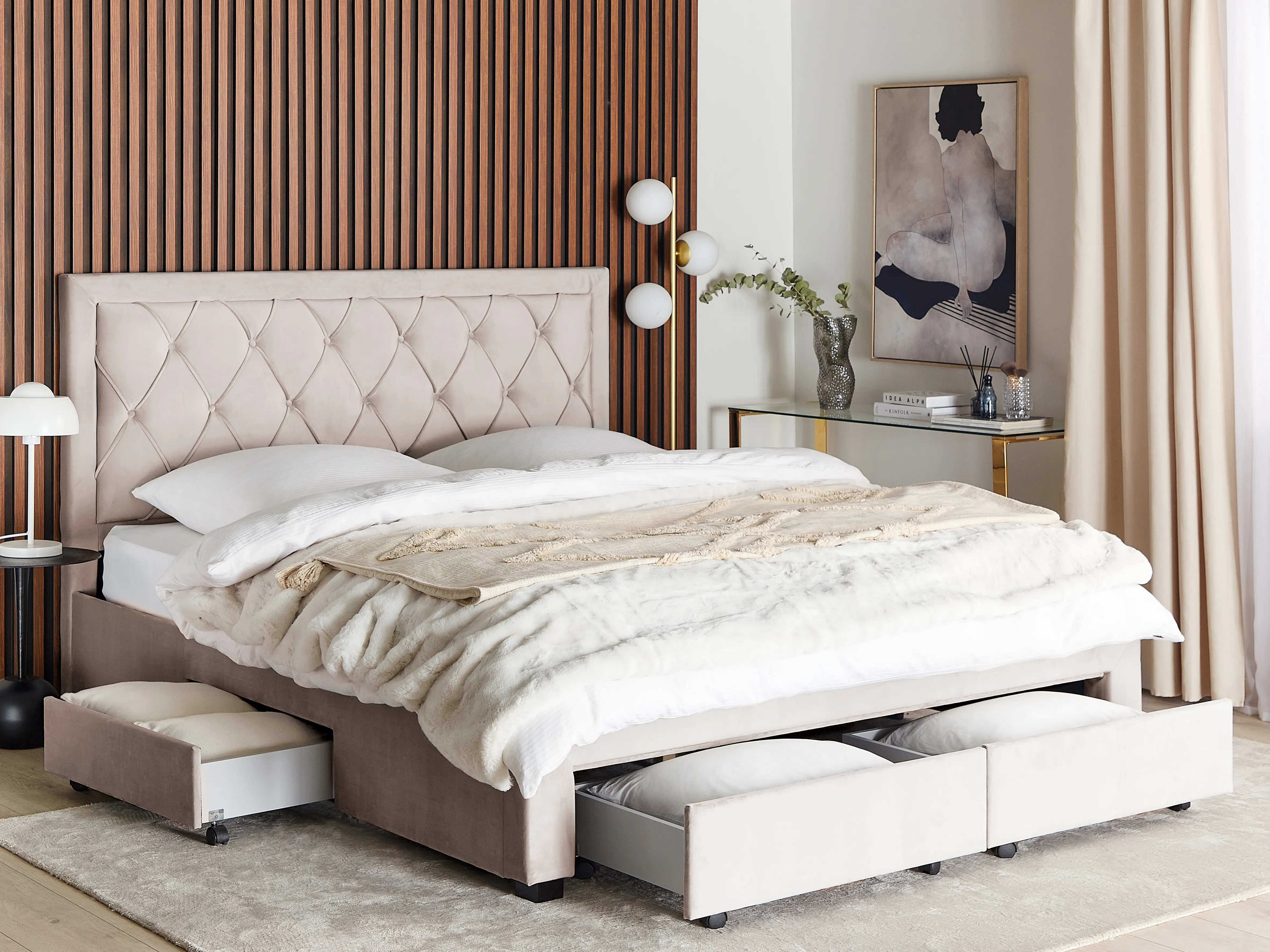 Bed met opbergladen Fluweel LIEVIN 180 x 200 cm Beige
