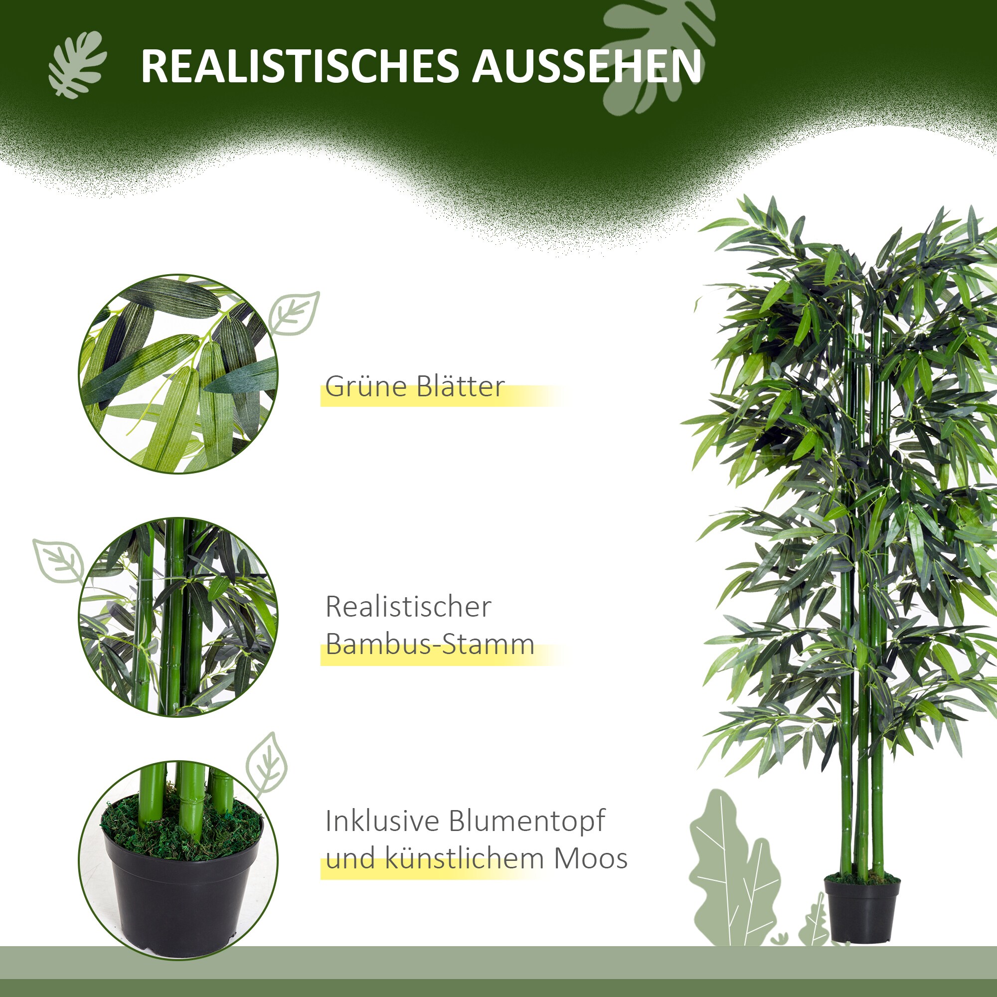 Outsunny Kunstpflanze mit Übertopf grün Ø20 x 180H cm