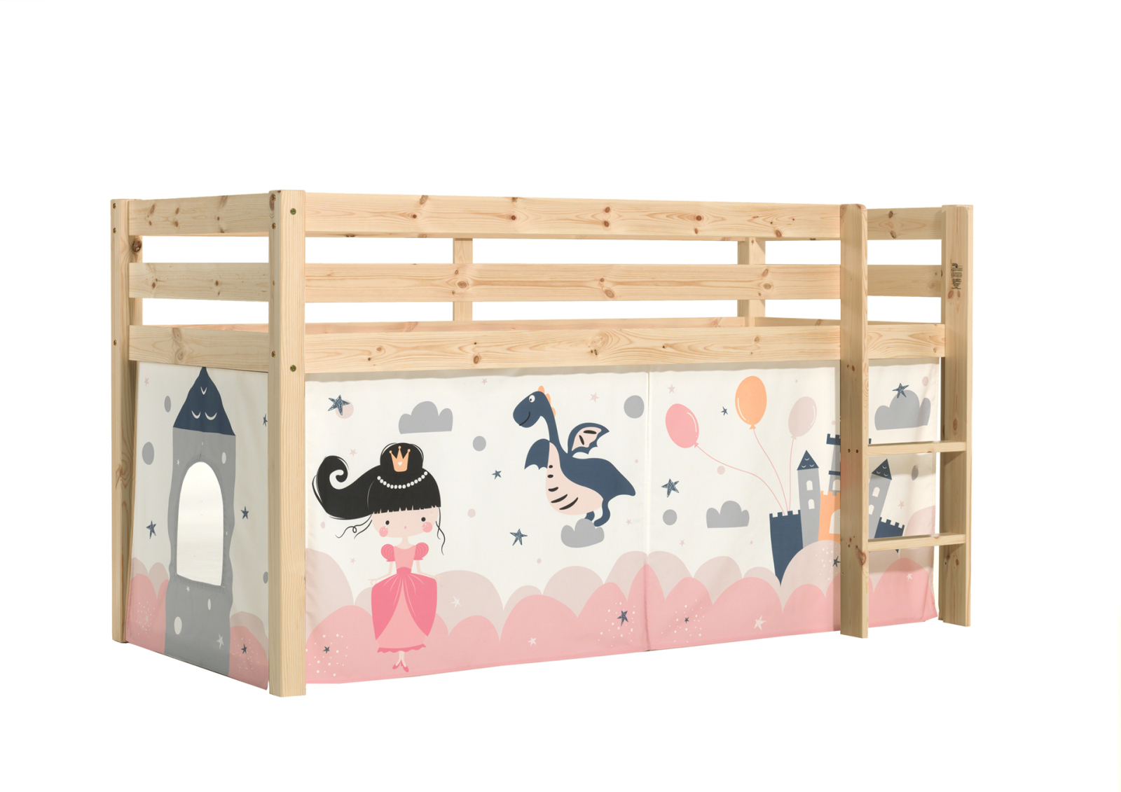 Hochbett PINO - Princess Sophie - Kiefer natur lackiert - 90x200 cm