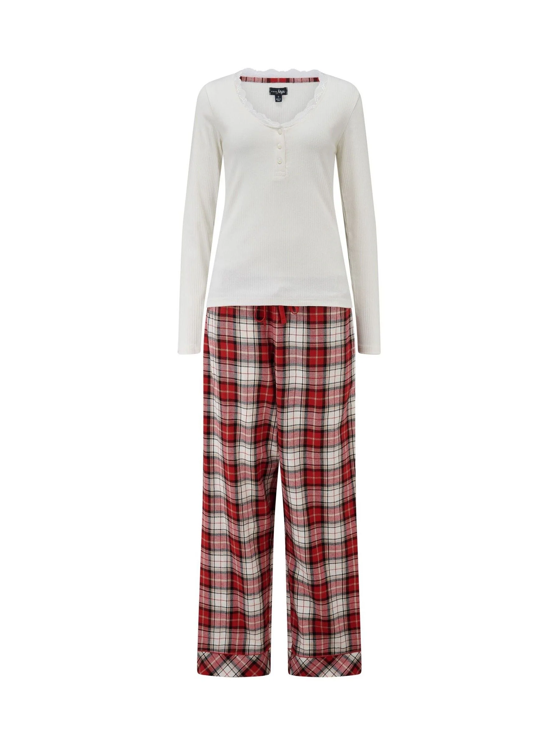 Pour Moi Rib Jersey Lace Trim Henley Top and Check Trousers Pyjamas Set