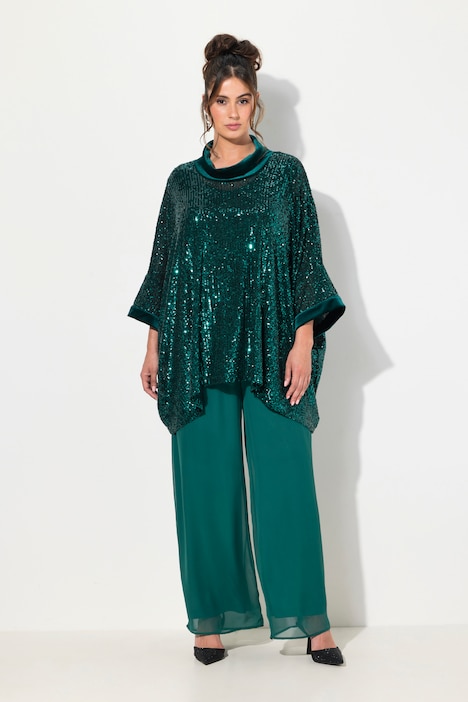 Pailletten-Shirt, Oversized, Samt-Rollkragen, Halbarm