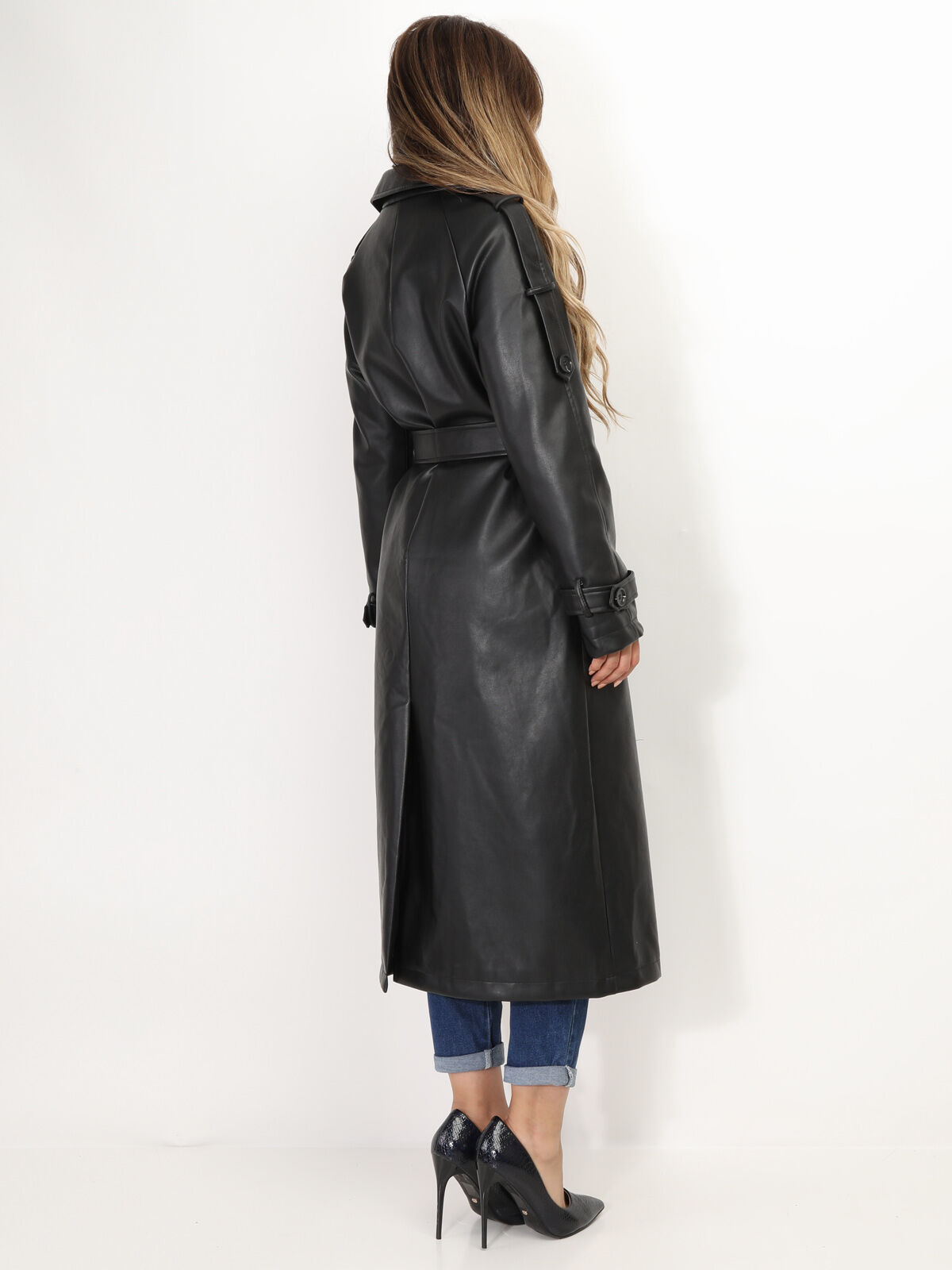 Trench long en simili avec ceinture- Noir