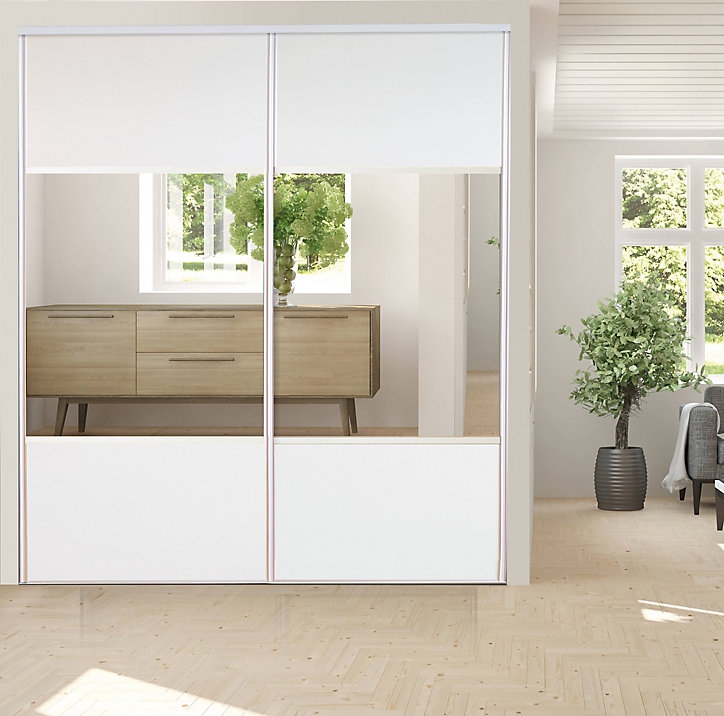 Lot de 2 portes de placard coulissantes avec miroir Optimum blanc veiné H. 250 x L. 180 cm