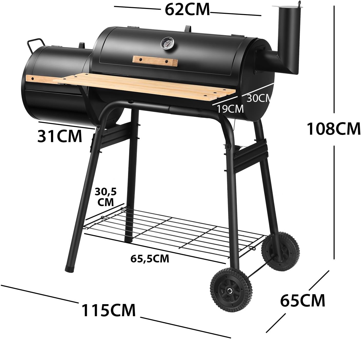KOMFOTTEU Holzkohlegrill mit Kamin, 2 in 1 Räuchern Grillen, Thermometer und Rädern, Rauchgrill Stahlgrill mit seitlichem Tisch & Bodenregal, Grillwagen BBQ für outdoor, Smoker Grill 115x65x108 cm