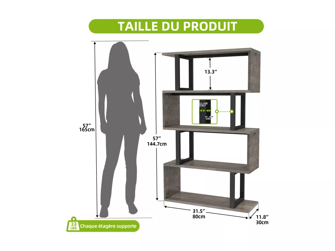 YITAHOME Bibliothèque à 5 Niveaux, Étagères pour Chambre à Coucher, Salon et Bureau, Bibliothèque en forme de S, Gris