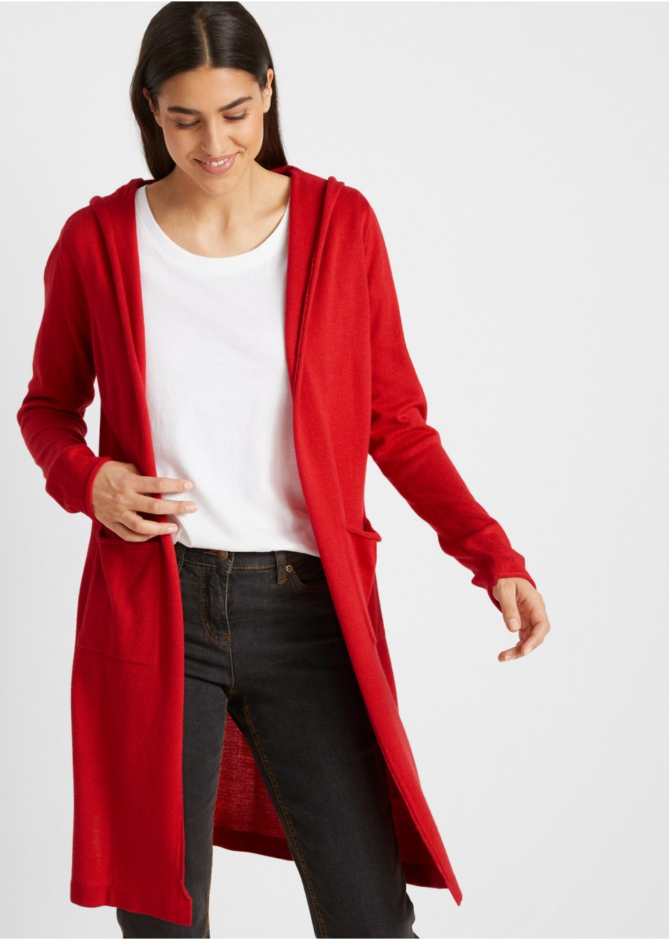 Gilet long en maille à capuche