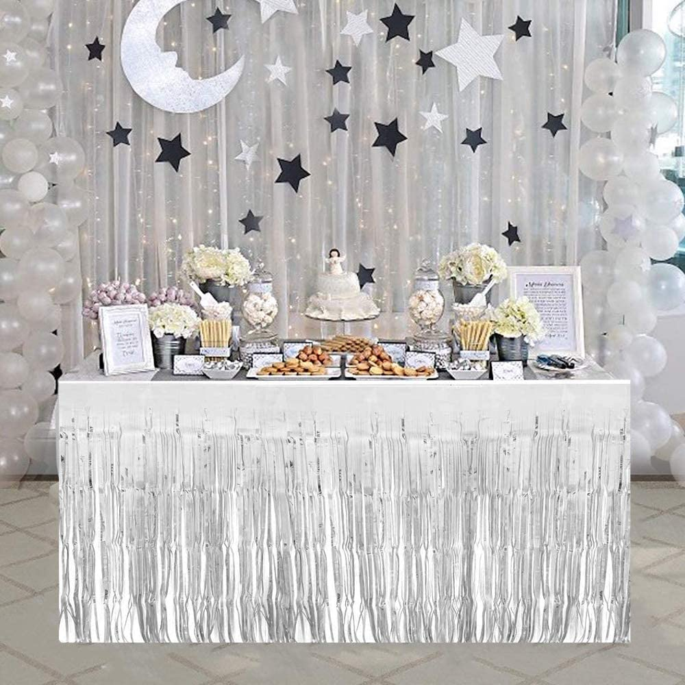 (275x75cm) Tisch Deko Lametta Vorhang Glänzend für Party / Geburtstag / Weihnachten / Silvester - Silber