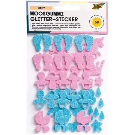 Folia Moosgummi Glitter Sticker, Baby, sortiert in blau und rosa, verschiedene Motive, 50 Stück