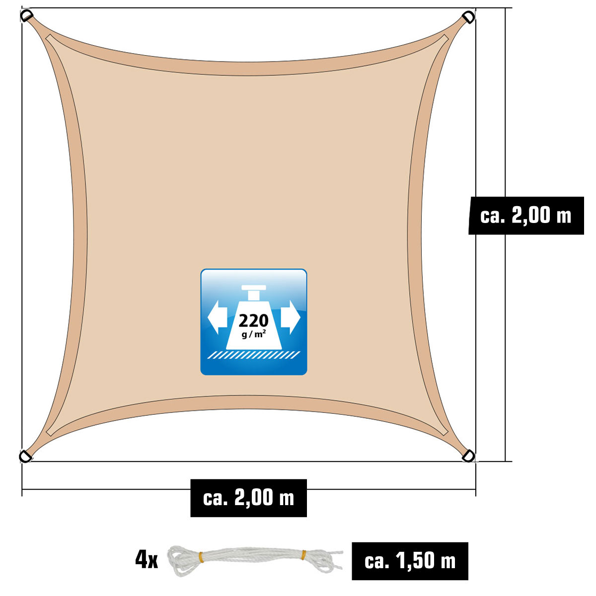 AMANKA 2 x 2 Luchtdoorlatend UV schaduwdoek - Beige